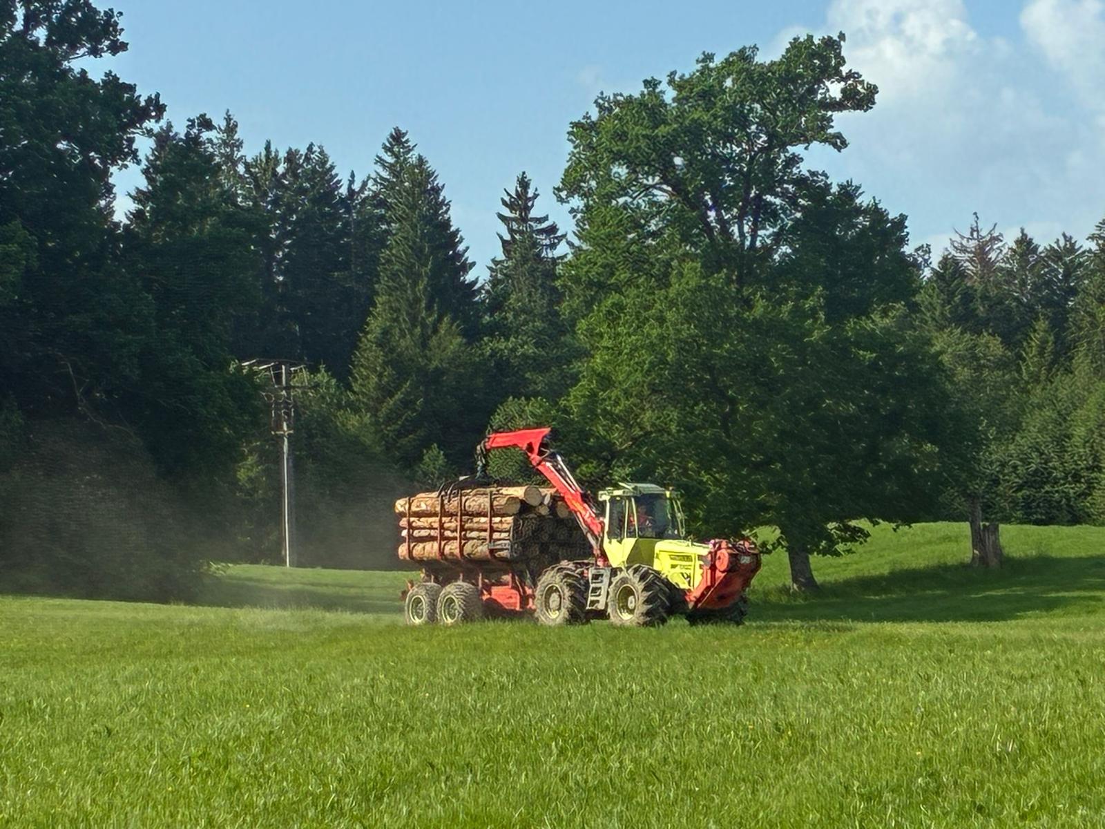 WF Trac mit beladenem Rungenwagen auf einer Wiese